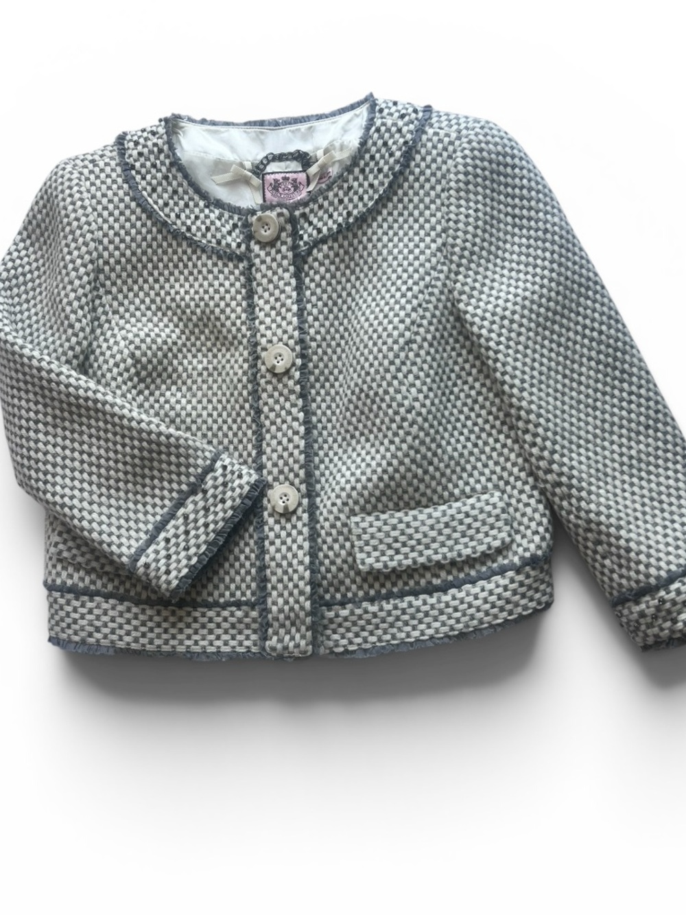 Juicy Couture Tweed Wool Blend Cropped Gray White Beaded Bouclé Classic Blazer S